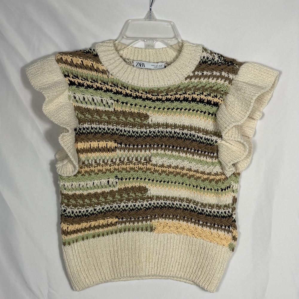 Zara Ruffled Sleeve Multicolor Chunky Knit/Crochet Sweater Vest.  Size Medium. - Picture 10 of 11